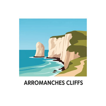 Minimalist vector illustration of the white limestone cliffs of Arromanches in Normandy, France, featuring a coastal path, green grassy clifftop, calm turquoise sea and a blue sky.
