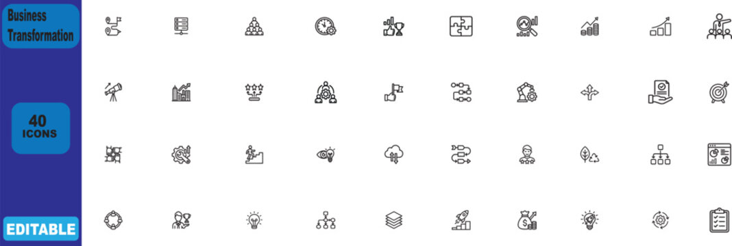 Business Transformation icon set. Contain icons related to Business, transformation, innovation, strategy, growth, optimization, process, and more. Editable stroke. Vector illustration