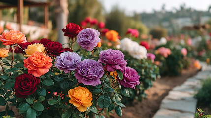 Obraz premium Rose garden path with multicolored blooms in summer blooming colorful landscape botanical blossoms