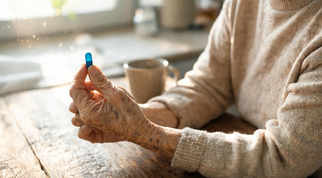 Senior citizen hands with wrinkled skin holding daily pill capsule for geriatric care anxiety and chronic pain