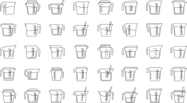 Collection of black and white line measuring cups with liquid and spoons beaker water