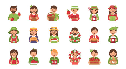Fototapeta premium Flat Style Vector Icons of People with Apples and Pies for Food or Harvest Theme