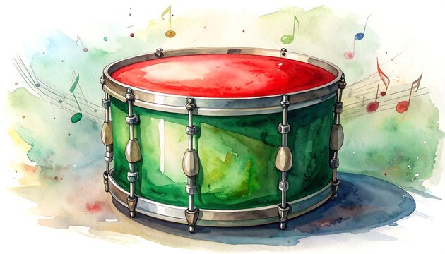 A vibrant watercolor illustration shows a green drum with a red interior. Musical notes float around the drum on a colorful background