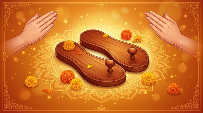 Traditional wooden paduka sandals with marigold flowers and hands in namaste gesture for indian guru purnima