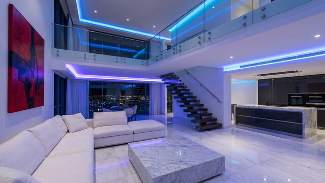 Modern duplex apartment interior with glass mezzanine balcony, floating staircase, expansive living area, luxury white sectional sofa, abstract red wall art, marble surfaces, ambient RGB lighting, con