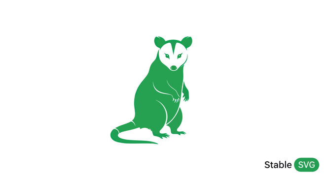 Green possum sitting on ground.