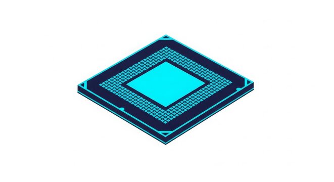 Technology - Isometric CPU Processor Chip with Cyan Blue Glowing Die and Pin Grid Array on Dark Navy Background
