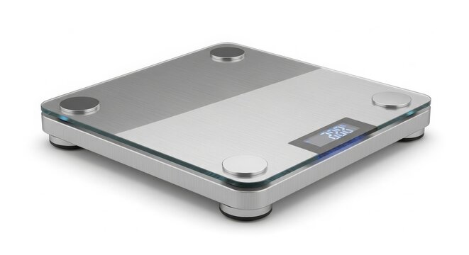 Technology - Modern Digital Bathroom Scale with Glass Surface and LCD Display on White Background