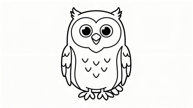 Cute cartoon owl outline drawing for children's coloring book page, simple black and white line art illustration of a friendly bird character, perfect for kids activity.
