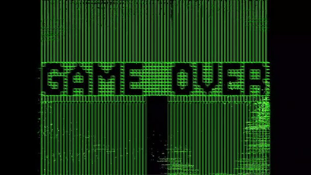 Game Over text phrase animation retro style glowing font on black background