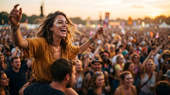 Happy woman sits on shoulders of man in crowd at outdoor music festival