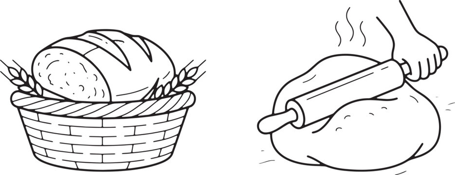 Art & Illustration, Freshly baked bread basket and baking rolling pin