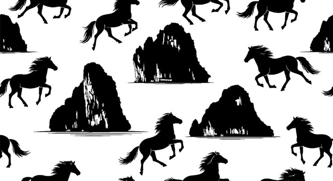 Black silhouette horses and rugged mountain patterns repeated.