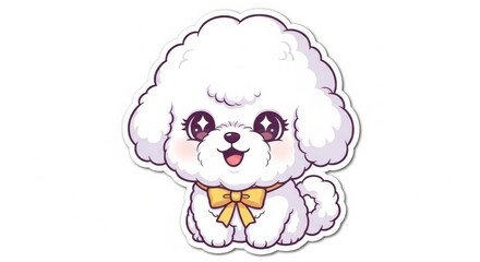 Fototapeta premium Animal - Cute Kawaii Bichon Frise Puppy Cartoon Sticker with Fluffy White Fur and Yellow Bow