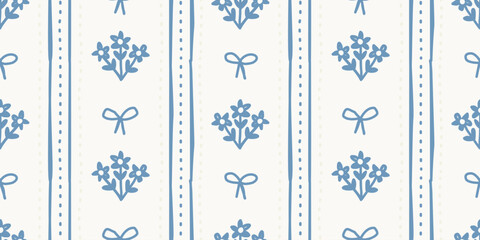 Seamless vertical stripe pattern with coquette flowers and bows  © Little Joy Designs