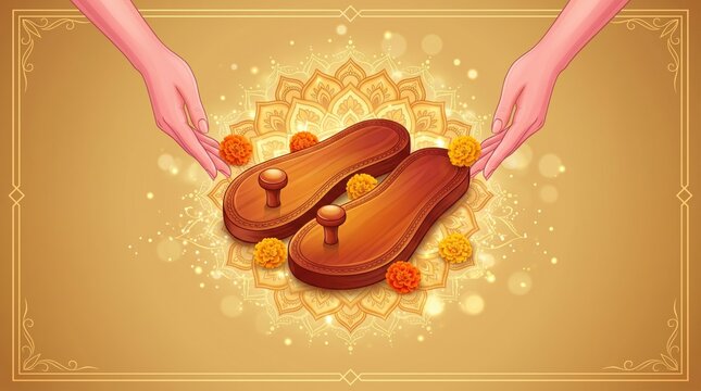 Wooden paduka sandals surrounded by marigold flowers and hands offering respect in traditional indian guru purnima