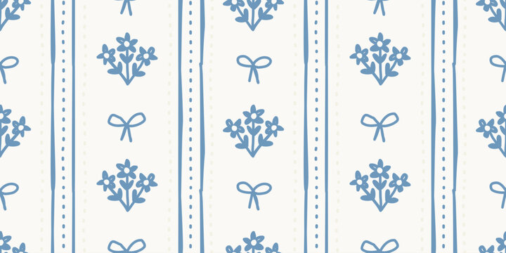 Seamless vertical stripe pattern with coquette flowers and bows
