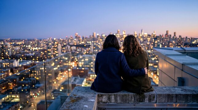 Rear view of two women sitting on rooftop at night