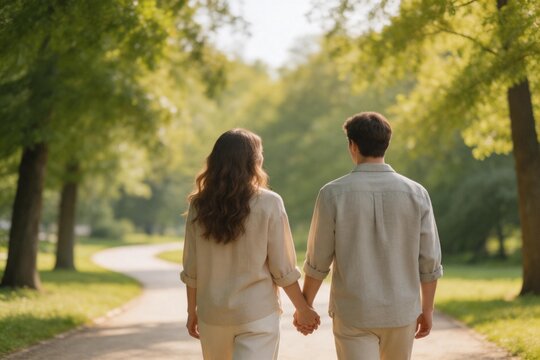 Couple walking hand in hand on path