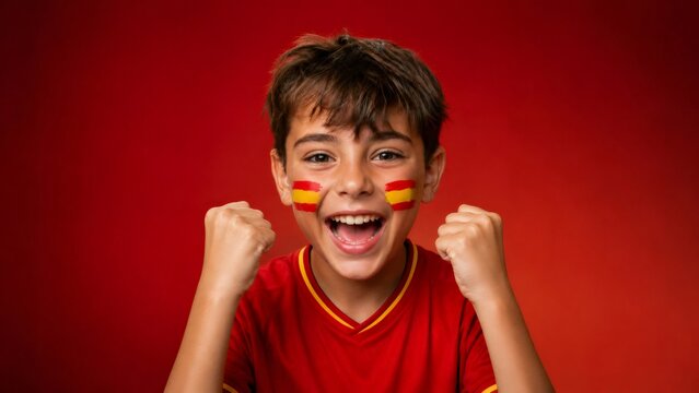 Excited young spanish fan boy celebrating goal or win during world soccer championship