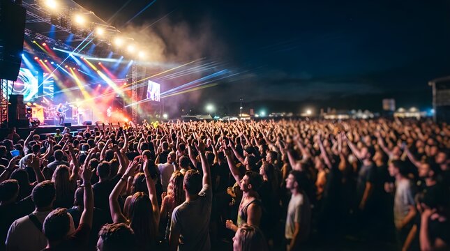 Silhouetted crowd enjoying music concert with stage lights at night