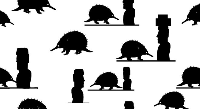 Black Silhouette Echidnas and Stone Monuments Pattern Artwork.