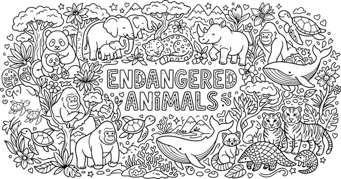 endangered animals cartoon outline hand drawn Line Art illustration doodle art coloring page for kids