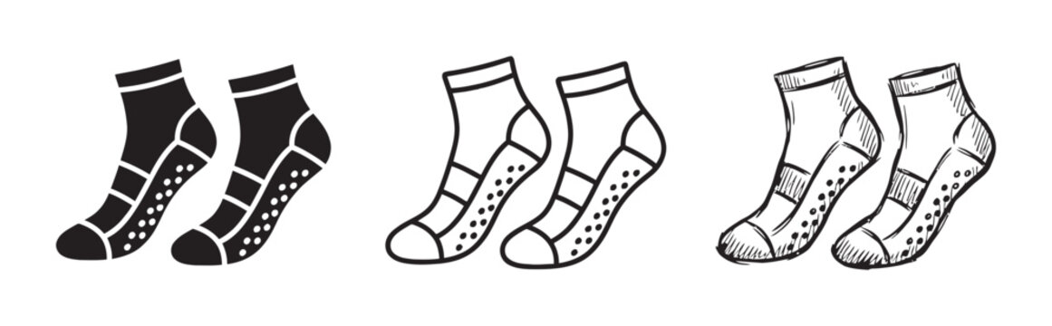 Grip Socks Collection: Black, Outline, and Sketch Styles, 3 Pairs Vector Set for Comfort and Safety