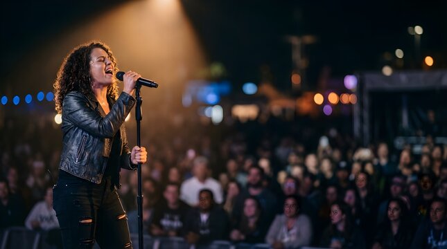 Woman singing into a microphone on stage at a concert for a crowd