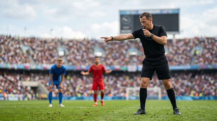 Naklejka premium Soccer Referee Awarding Penalty During Football Match