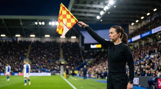 Female Assistant Referee Signaling with Flag During Soccer Match