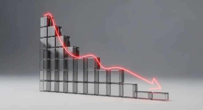 Finance - Declining Bar Chart with Glowing Red Neon Arrow Showing Downward Trend and 3D Glass Blocks