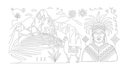 Obraz premium Machu Picchu Inca Line Art with Llama and Native Person