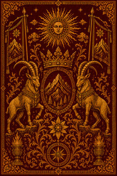 Kingdom of the Sacred Ibex Sun &ndash; Ancient Alpine Heraldry with Twin Ibex Guardians, Solar Crown and Mountain Throne Symbolism
