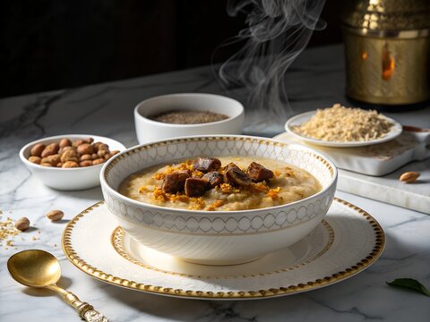 Luxury Kuwaiti Harees Cracked Wheat Porridge with Lamb and Golden Ghee, Cinnamon Powder, Gold Rim Porcelain Bowl
