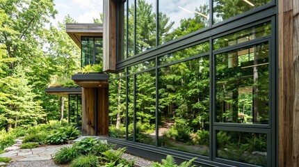 Fototapeta premium Modern luxury house with large glass windows and wooden facade in a lush forest setting