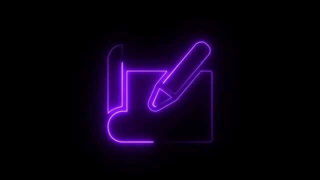 Neon purple blueprint and pencil animation, architectural concept, digital construction planning symbol on black background