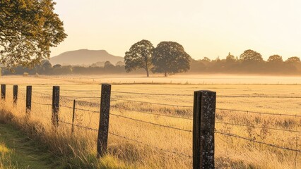 Obraz premium Sunrise over a golden field with a rustic fence.