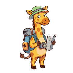Obraz premium Cute giraffe character with backpack and hat holding a map, tourist and traveler concept vector illustration