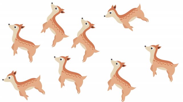 Multiple cute cartoon deer illustrations on a white background, ideal for childrens book illustrations, fabric patterns, and festive design projects.