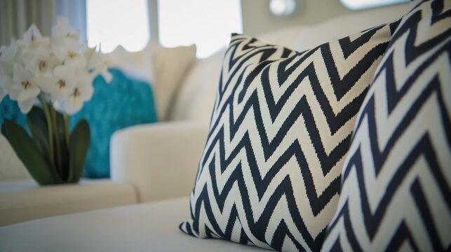 Decorative throw pillows with chevron pattern on a light beige couch.