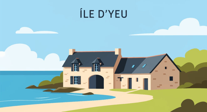 Flat vector illustration of a traditional stone house on the coast of Ile d'Yeu in the Vendee region of France, featuring a gabled roof, blue shutters, a sandy beach, and ocean.