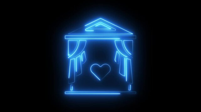 Glowing neon wedding gazebo with heart symbol, romantic marriage ceremony concept animation love