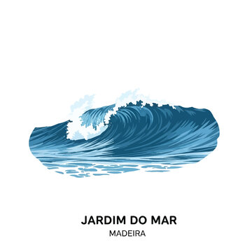 Stylized vector illustration of a powerful breaking ocean wave at Jardim do Mar, Madeira, featuring blue water textures and white sea foam spray, isolated on white background.