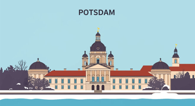 Vector illustration of the Brandenburg Landtag or Potsdam City Palace architectural landmark in winter, featuring snow on the ground, bare trees, and the city name text Potsdam.