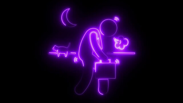 Tired businessman walking home at night neon animation, exhausted with briefcase and cat silhouette