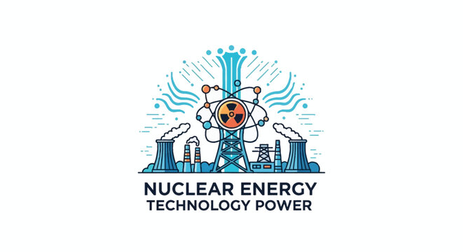 Stylized vector illustration of a nuclear power plant featuring cooling towers, electric pylons, and a central atom symbol with radiation icon on a white background with text.