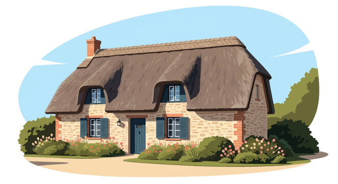 Vector illustration of a traditional French Normandy thatched cottage with stone walls, blue window shutters, brick chimney, and a blooming flower garden under a clear blue sky.