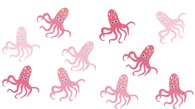Multiple cute pink cartoon octopuses scattered on plain white background, perfect for kids party invitations, stationery, and underwaterthemed designs.