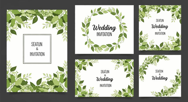 Set of wedding invitation card templates with green botanical leaf borders and wreaths. Elegant floral stationery suite featuring varied foliage designs and frame layouts on white.